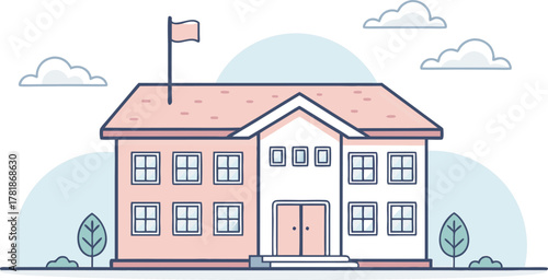 Charming school building illustration with flag and trees for education concepts, perfect for learning materials and school design projects, originally vector