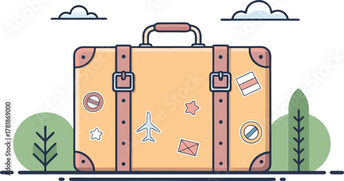 Ready for adventure with this stylish vintage suitcase, covered in travel stickers, evoking wanderlust and memories of exciting journeys around the world