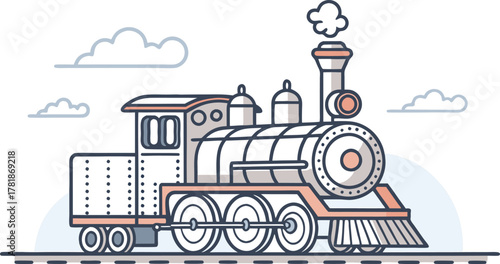 Whimsical steam train illustration perfect for children's books or playful designs, a modern take on classic transportation with a touch of nostalgic charm