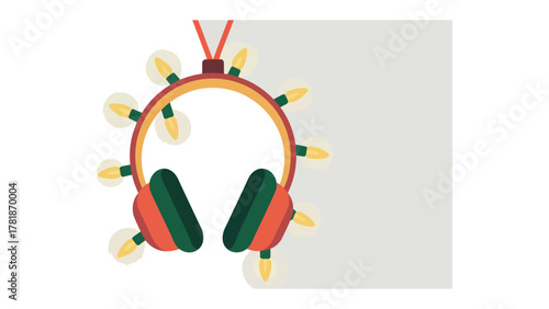 Christmas Music: Festive headphones adorned with twinkling lights create a joyous auditory experience, perfectly capturing the spirit of holiday cheer and festive celebration.