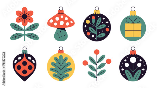 Festive Ornaments Collection: A delightful arrangement of diverse, handcrafted Christmas ornaments, each featuring a unique design: flower, mushroom, gift, ladybug, and botanical elements.
