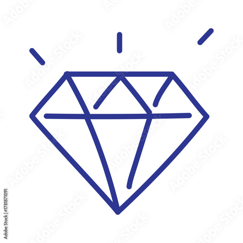 A simple blue line art icon of a sparkling, brilliant-cut diamond on a white background.
