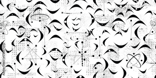 Retro atomic seamless pattern with grainy effect,retro atomic age geometric endless pattern with grunge texture. Vintage space age 1950s wallpaper with distressed background.Mid century vector design.
