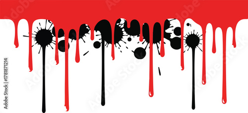 Red drips obscure black ink splatters on white creating a dynamic graphic composition