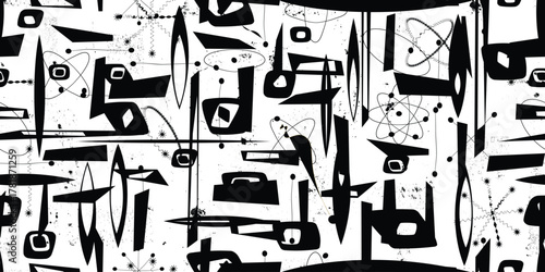 Retro atomic seamless pattern with grainy effect,retro atomic age geometric endless pattern with grunge texture. Vintage space age 1950s wallpaper with distressed background.Mid century vector design.