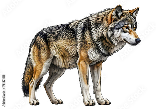 A majestic wolf standing alert, isolated on transparent background, with detailed fur