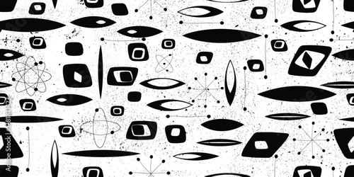Vintage modern atomic seamless pattern with speckled and grainy texture, inspired by1950s and 1960s atomic age design, featuring abstract geometric shapes and orbit motifs in black, vector design.