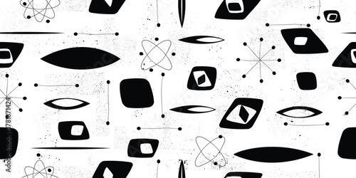 Vintage modern atomic seamless pattern with speckled and grainy texture, inspired by1950s and 1960s atomic age design, featuring abstract geometric shapes and orbit motifs in black, vector design.