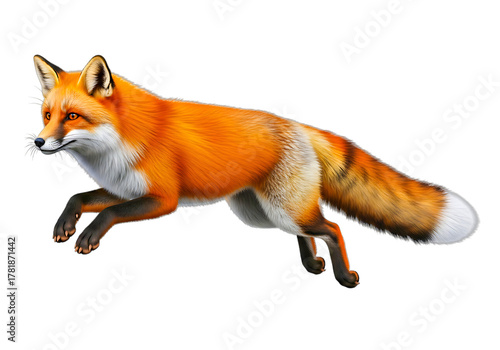A red fox is captured midleap, isolated on transparent background, showcasing its agility