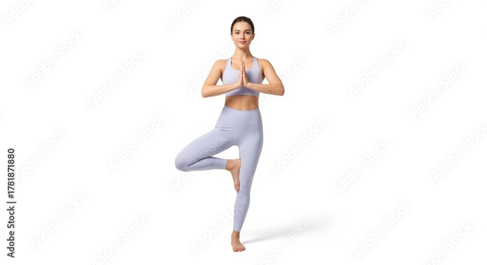 Obraz premium Woman in yoga pose, standing on one leg with hands in prayer position, wearing athletic clothing.