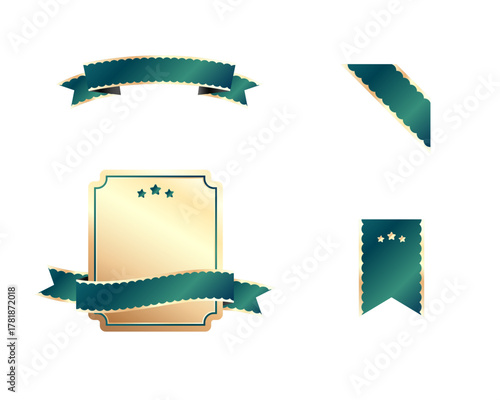 高級感のあるゴールドと深緑の波型リボンとフレームセット - グラデーションの認定証ベクター素材