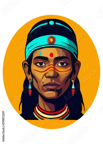 Commanding Figure Vector Art – Tribal Man with Large Moustache, Blue Turban, and Gold Rings