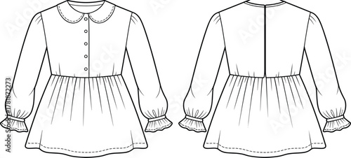 Cute girl long sleeve dress sketch, front and back technical flat, ruffle cuffs, peter pan collar, buttons, gathered waistline design