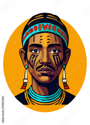 Proud Chief Vector Icon – Native Warrior with Prominent Red Feather in Black and Turquoise Headdress