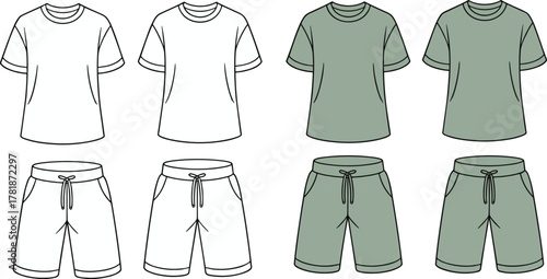 Men t-shirt and shorts flat sketch front and back, activewear clothing template, casual summer outfit technical drawing, garment fashion vector design