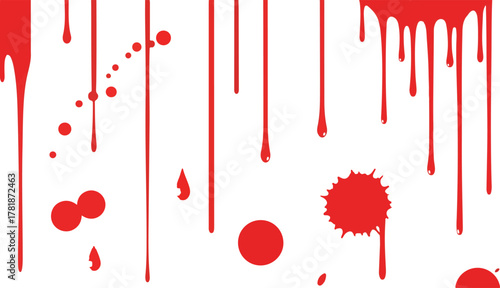 Red drips spatters and droplets isolated against a plain white background