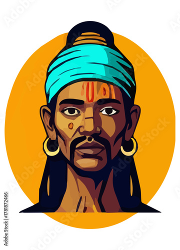 Mystic Guardian Vector Portrait – Indigenous Man with Geometric Face Designs and Red Dot Accents