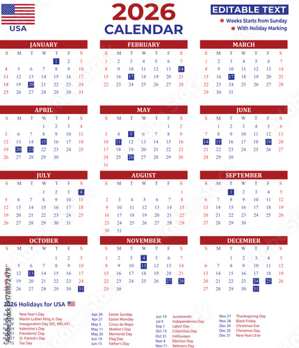 USA 2026 Yearly Editable Calendar with National Holidays