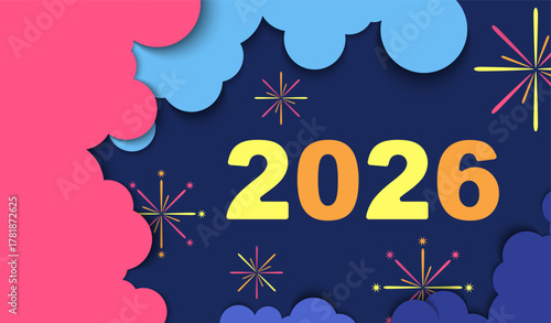 Multicolor design of business Happy New Year 2026 in paper cut style Numbers surrounded by clouds 2026 Dark background, festive night flashes. Elements for calendar, greeting card, vector illustration