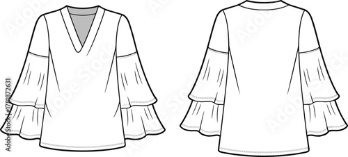 Women blouse flat sketch front and back, tiered bell sleeves fashion template, v-neck clothing technical drawing, garment design outline vector