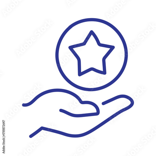 Blue line art icon of an open hand presenting a star in a circle, symbolizing value and quality.