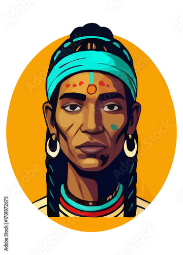 Fierce Warrior Vector Illustration – Tribal Leader with Detailed Red and Yellow Forehead Markings