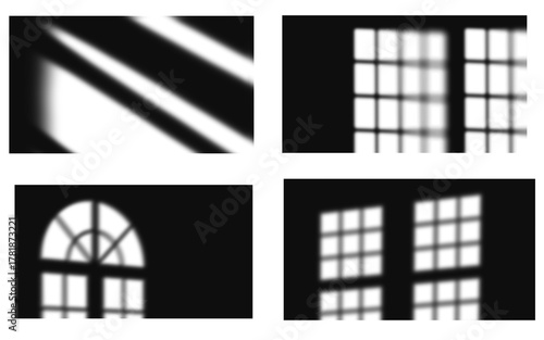 Window shadow PNG set with different light patterns on black background, showing grid and arched light shapes in black and white
