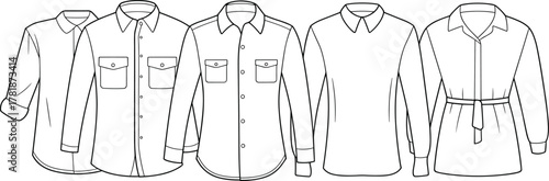 Flat sketch of various shirts front view, fashion technical drawing of long sleeve and casual tops, apparel design template vector illustration