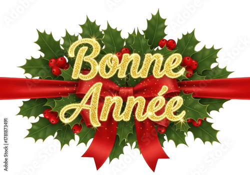 Sparkling bonne ann e text with holly and red ribbon isolated on transparent background
