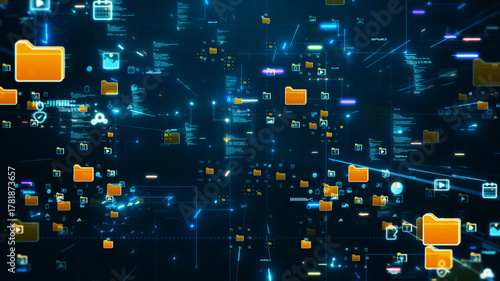 technology futuristic digital network visual showing glowing file folders and data icons floating in cyberspace, symbolizing data storage, file sharing, and cloud computing.