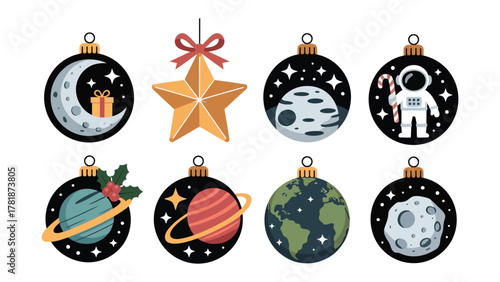Celestial Ornaments: A festive collection of holiday ornaments features celestial designs, including planets, stars, and moon. Symbolizing the wonders of the cosmos combined with holiday cheer.
