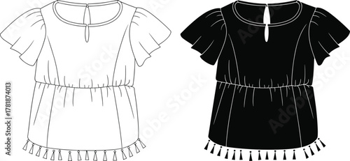 Women’s tassel hem blouse fashion flat sketch, short flutter sleeve top technical drawing, apparel design template, clothing outline vector, isolated illustration