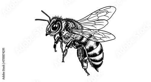 Detailed black and white drawing of a bee in flight, showcasing its anatomy and wings.