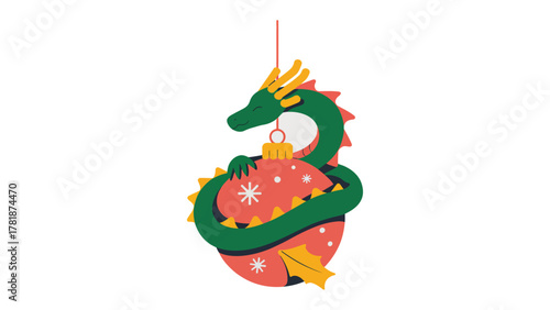 Festive Dragon Ornament: A whimsical holiday ornament depicting a dragon intricately wrapped around a vibrant globe, exuding joy and Christmas cheer.
