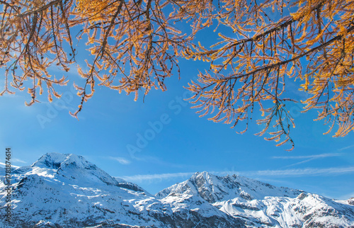 view on snowy mountain range  in tarentaise valley under blue sky and borded ...