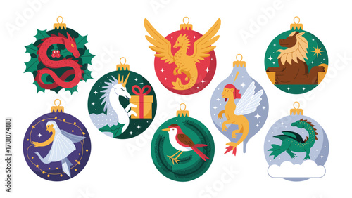 Whimsical Ornaments of the Season: A delightful array of festive ornaments showcases a collection of mythical creatures and enchanting elements.