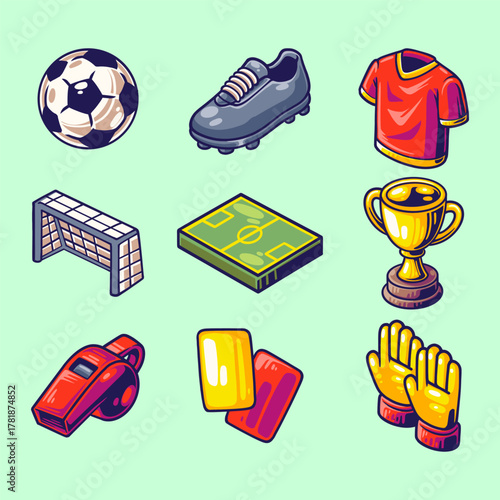 Football Sport Equipment Collection. Soccer Gear with Ball, Trophy, Field, Whistle, Gloves, and Cards. Set Element for Athletic. Game and Sport in Cartoon Colorful Color