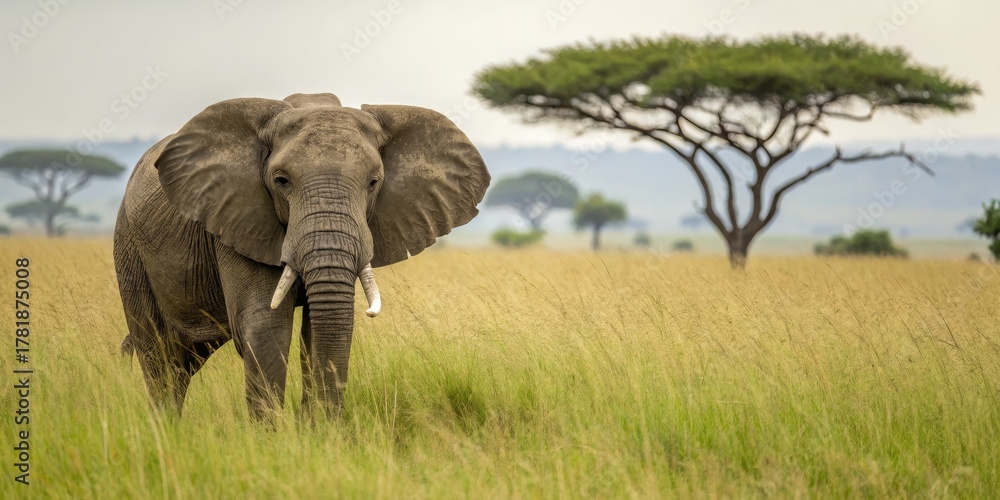 Fototapeta premium African Elephant in Tall Grass Portrait Composition, Wildlife Photography, Savannah Landscape, Kenya African Elephant, Wildlife Photography