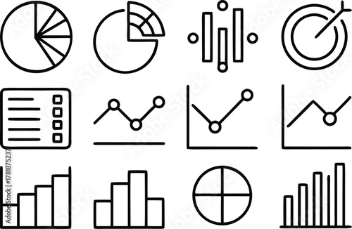 Statistical data analysis, financial charts and business report icons