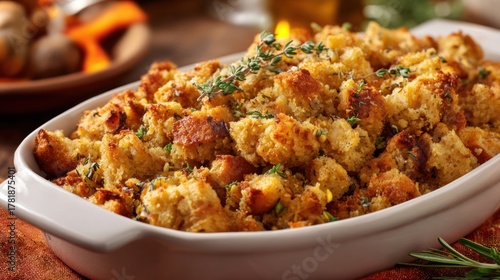 Close-up of stuffing served from a dish, golden brown, autumn-themed table, cinematic 8k