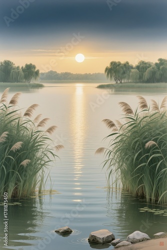 Fototapeta Naklejka Na Ścianę i Meble -  Gongbi style painting in the high court style, depicting a lake glowing in golden evening light, reeds swaying in gentle breeze.