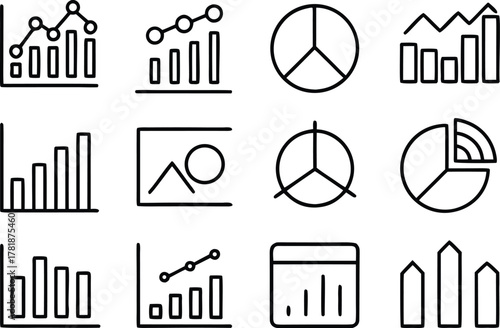 Modern line icons: data visualization, charts, graphs, and reports