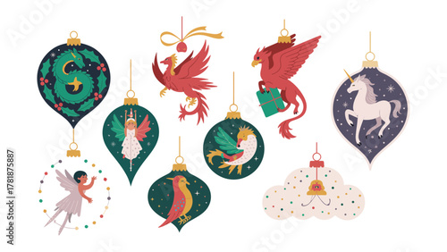 Festive Ornaments with Fantasy Creatures: Delightful collection of whimsical ornaments with various creatures that create a touch of enchantment and celebrate the joy of the holiday season.