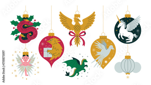 Festive Embellishments: Ornate hanging ornaments, a visual symphony of holiday spirit. A cluster of beautifully crafted ornaments hanging from golden strings.