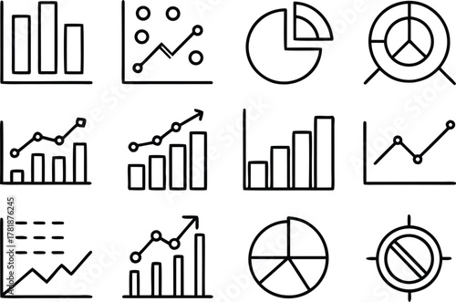 Hand drawn data charts and graphs outline icon set for business