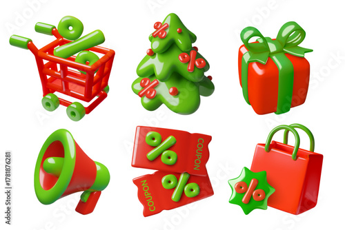Christmas sale 3d icons set including shopping cart, gift bag, gift box, pine tree, discount coupons and megaphone decorated with percentage signs. Three dimensional vector illustrations set.