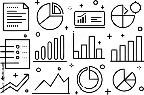 Business data analysis charts reports graphs documents icon set