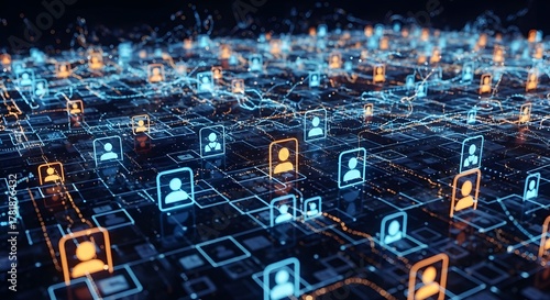 Abstract digital network of glowing human profile icons connected by luminous lines representing global connections