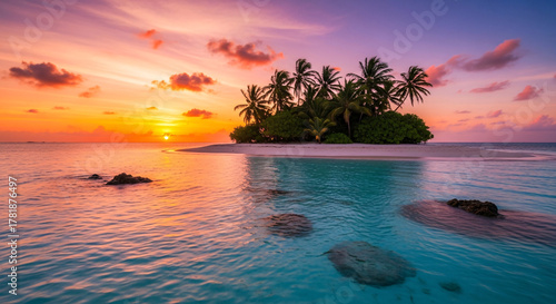 Fototapeta Naklejka Na Ścianę i Meble -  Tropical Island Paradise at Sunset with Palm Trees and Tranquil Ocean