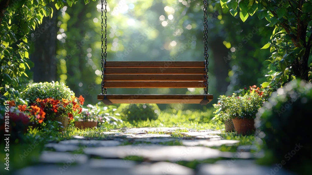 Naklejka premium Wooden swing hangs serenely in lush garden with stone path and dappled sunlight